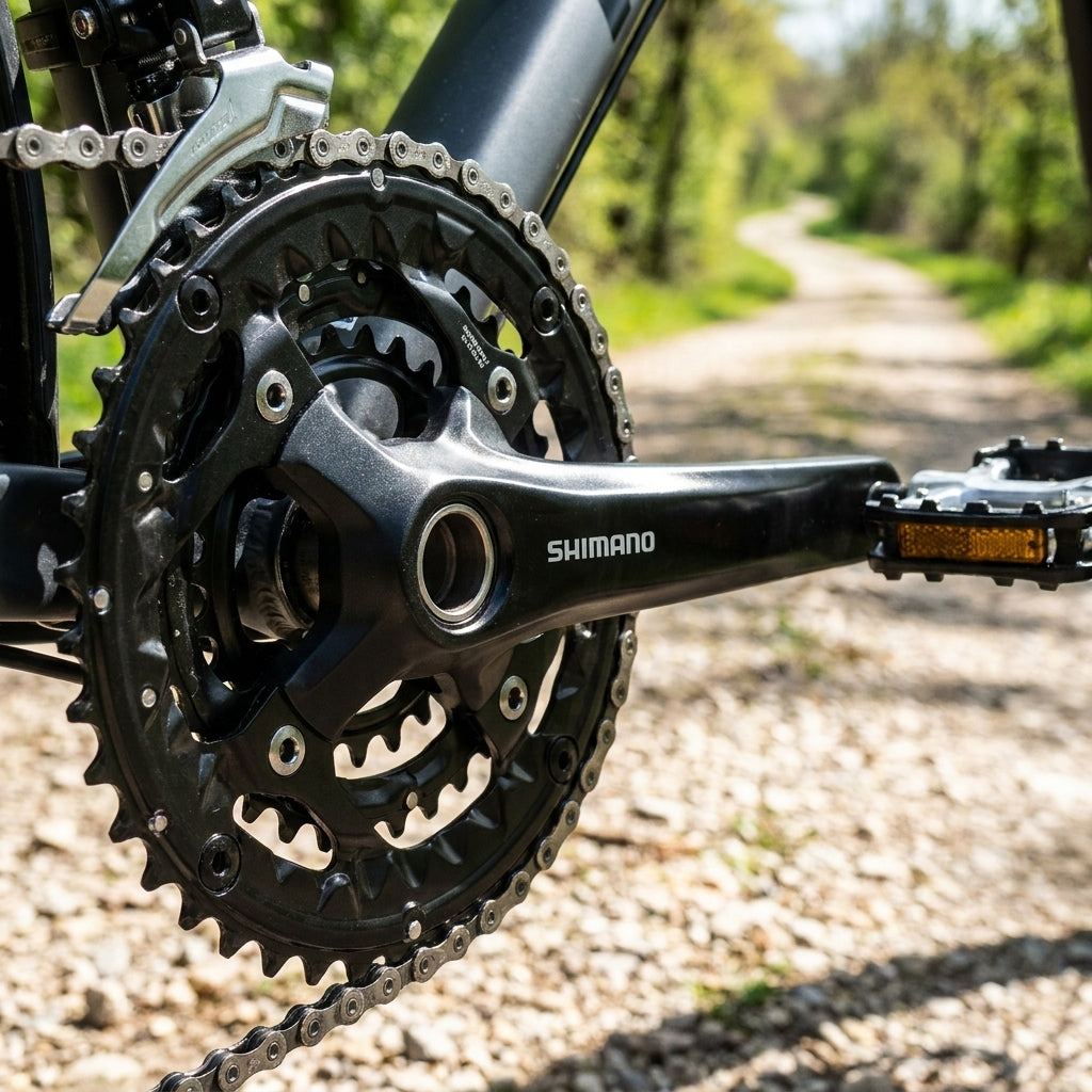 SHIMANO FC-T521 44 Zähne Trekking-Kettenblatt am Fahrrad für präzise Schaltperformance auf Schotterweg.