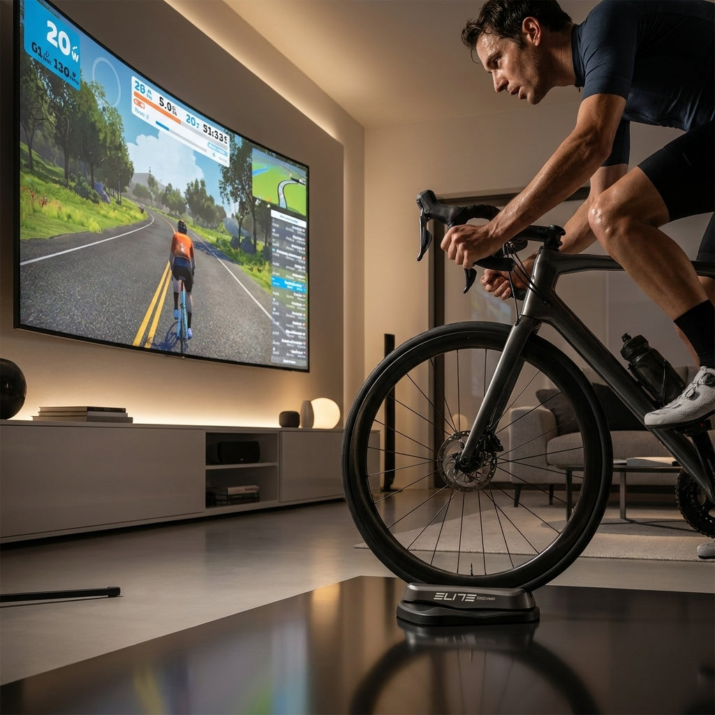 ELITE Sterzo Smart Travelblock Vorderradstütze mit Lenkfunktion für interaktives Indoor-Radfahren.