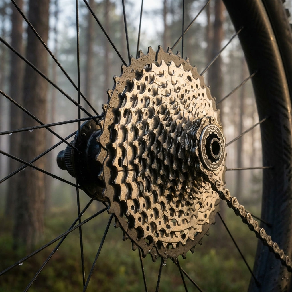 SHIMANO SLX CS-M7000 11-fach 11-40Z Kassette am feuchten MTB-Hinterrad mit Kette im Wald.