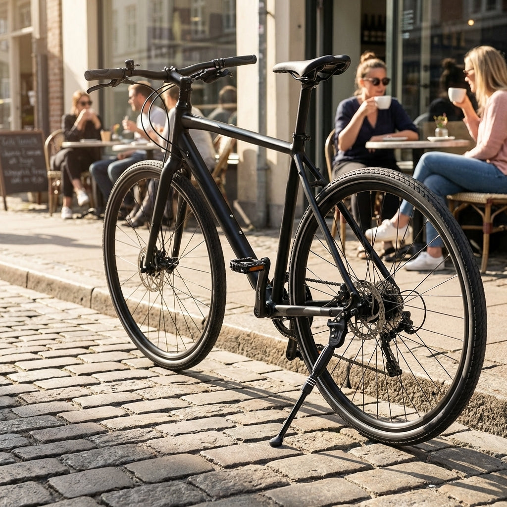 TranzX Universal Hinterbauständer schwarz am Fahrrad, höhenverstellbar, passend für 26-28 Zoll Räder und Scheibenbremsen.