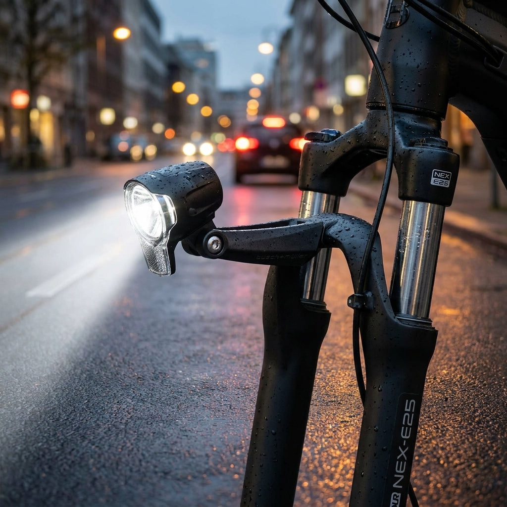 Busch+Müller Bumm Lampenhalter lang schwarz für Suntour NEX-E25 am Fahrrad, montiert auf Gabel, beleuchtet nasse Straße.