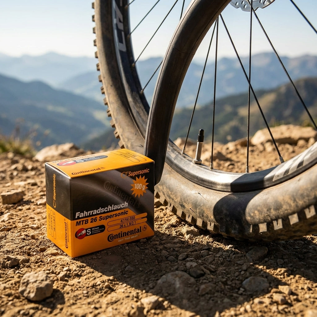 Continental Supersonic MTB 26 Fahrradschlauch auf Bergpfad neben Mountainbike-Rad.