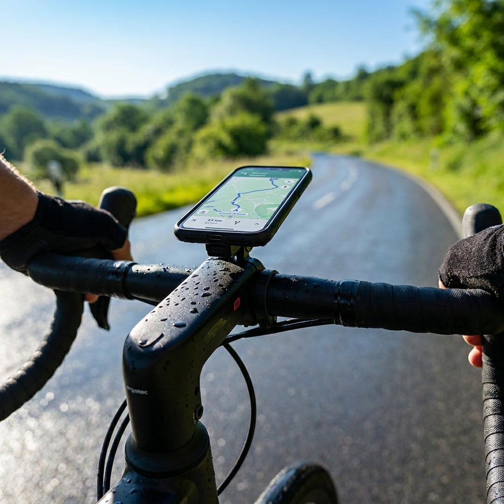 ergotec Barracuda i Vorbau schwarz mit SP-Connec-Adapter und Handyhalterung am Fahrrad zur Navigation.