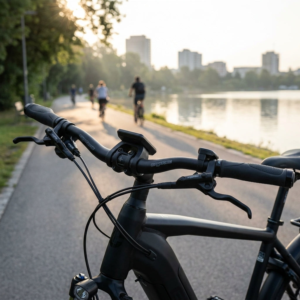 Ergotec Lenker Ergo schwarz an einem Fahrrad auf einem sonnigen Radweg am See mit weiteren Radfahrern.