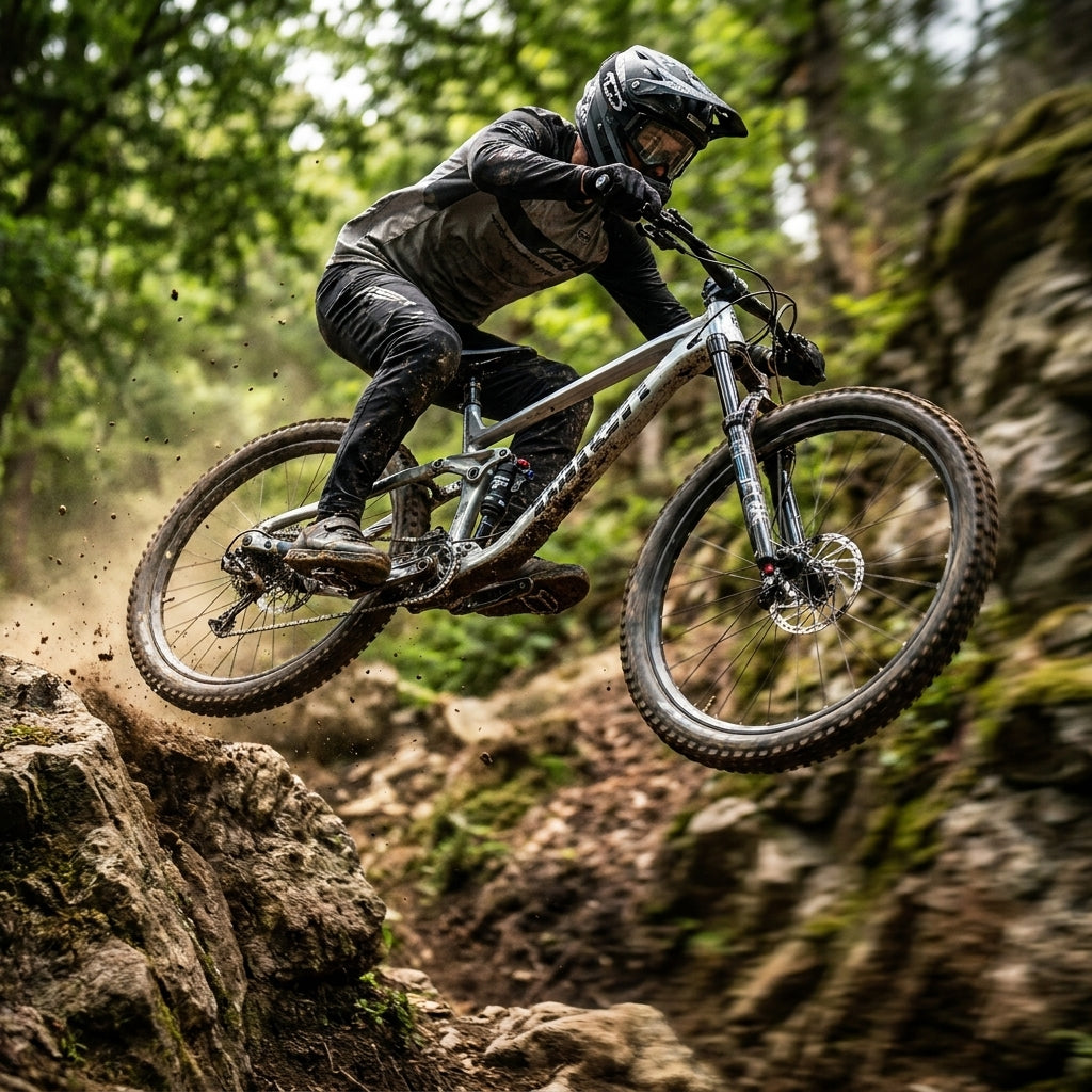 Mountainbiker springt mit SR Suntour Dämpfer RS22 TRIAIR2 3CR über Felsen auf einem Trail.