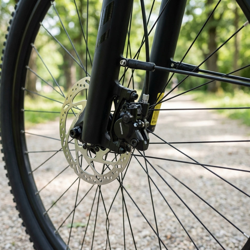 SHIMANO BR-MT200 2-Kolben Scheibenbremssattel am Fahrrad-Vorderrad. Optimal für MTB und Trekking.