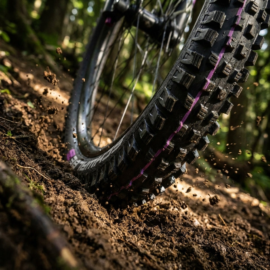 Schwalbe Magic Mary 29x2.40 Reifen in Aktion auf Mountainbike-Trail, Dreck spritzt. Schwarz mit lila Streifen.