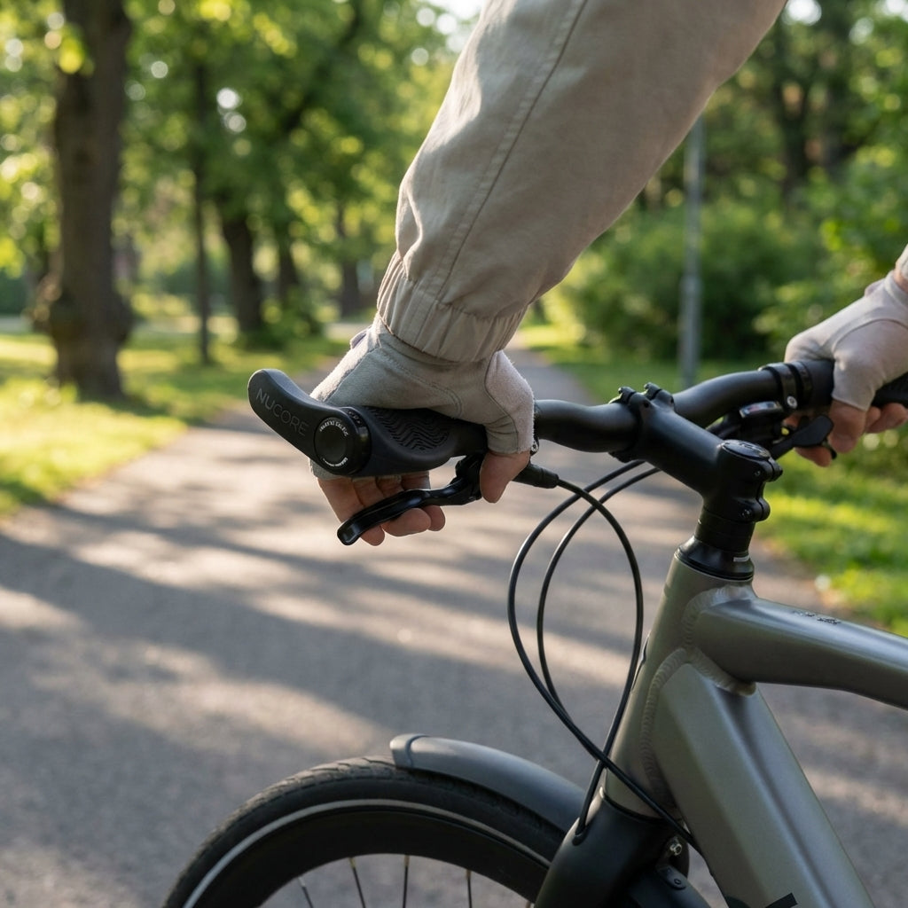 Schwarze ergonomische Herrmans Nucore Lenkergriffe am Fahrradlenker, von Hand gehalten.