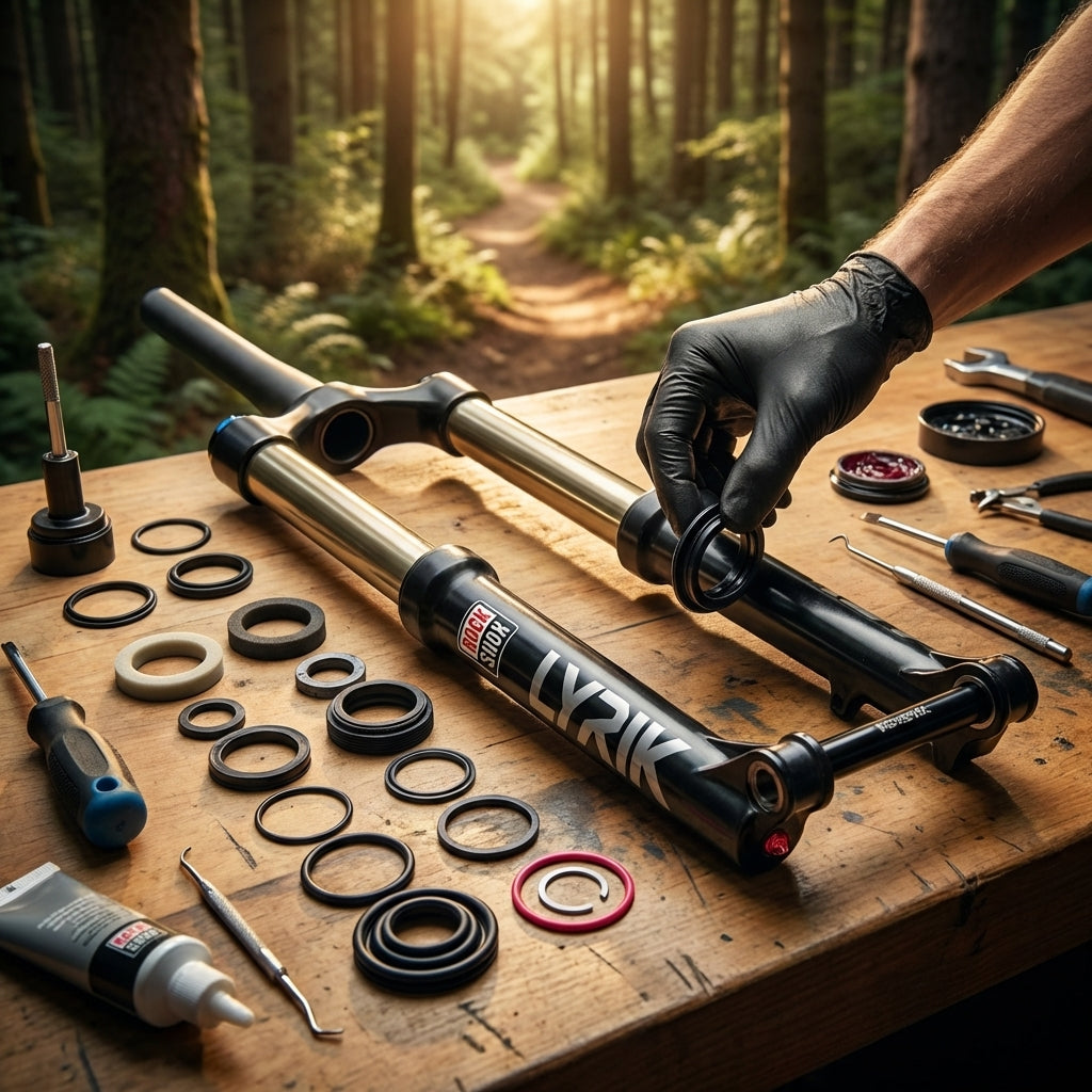RockShox Federgabel Service-Kit Basic Lyrik RCT3 SA-A1. Wartung mit Dichtungen, Werkzeugen auf Holztisch.