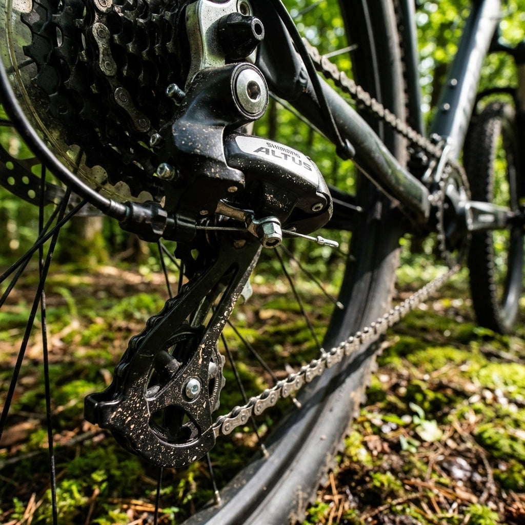Shimano Altus RD-M310 7/8-fach Schaltwerk am Mountainbike mit Wide-Link-Design für präzise Schaltvorgänge im Gelände.