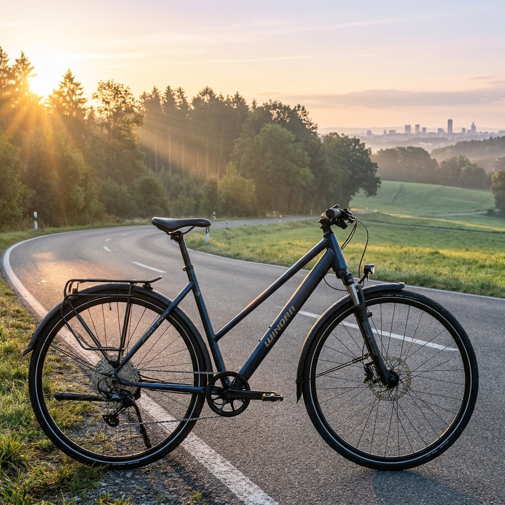 Winora DOMINGO X12 PRO Trekkingrad in Cavalry-Blau auf Landstraße im Morgenlicht mit Stadtpanorama im Hintergrund.