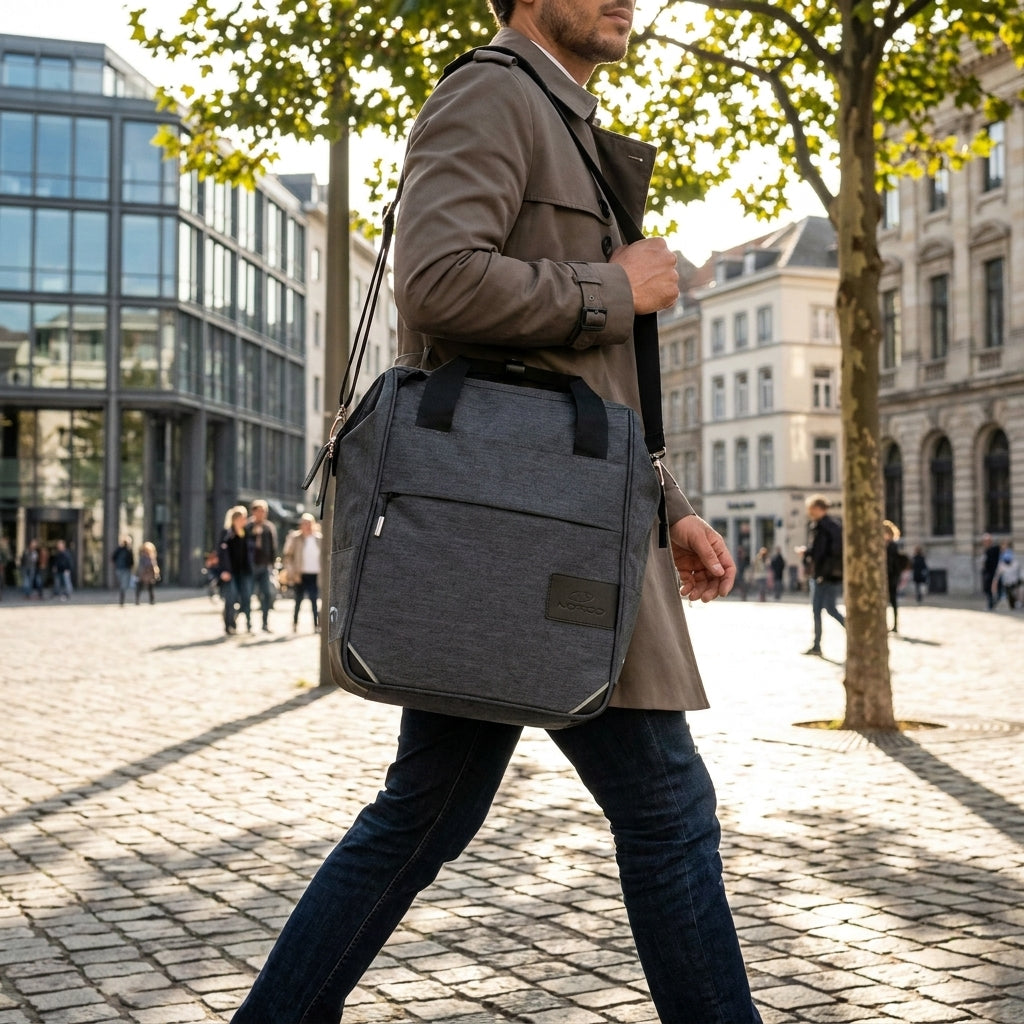 Norco Denbury City Tasche grau (12l) getragen von Mann als Umhängetasche in der Stadt.