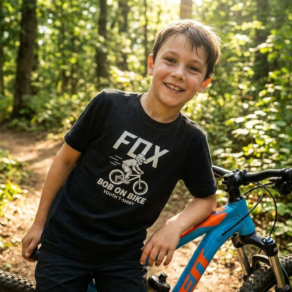 FOX Bob On Bike Youth T-Shirt für Kinder. Schwarzes Fahrrad-Shirt mit Print. Bequemes Shirt für junge Bike-Fans.