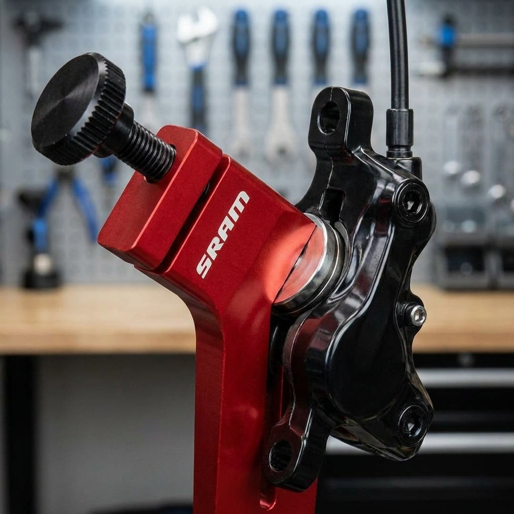 SRAM Bremszylinderpresse Ultimate Piston Press in Rot mit schwarzem Fahrradbremssattel zur Kolbenrückstellung.