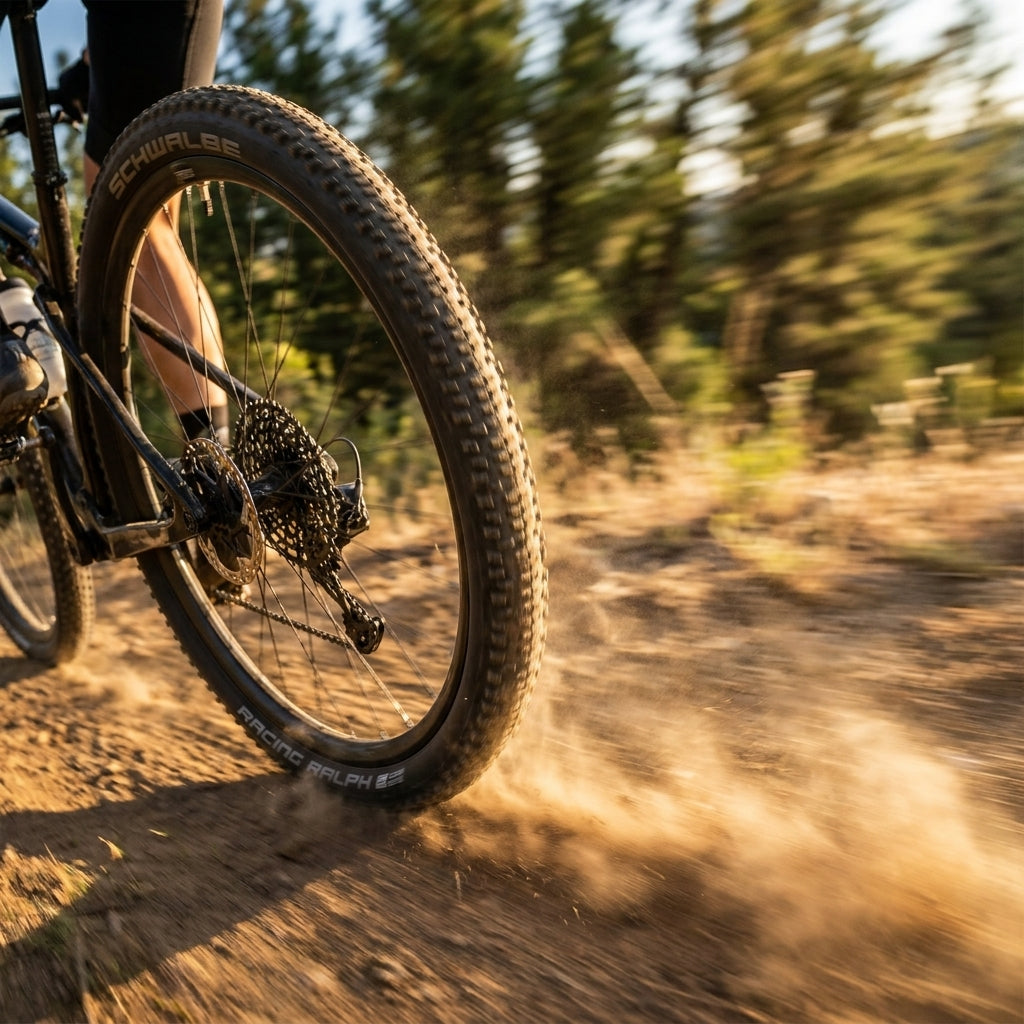 Schwalbe Racing Ralph Performance XC-Hinterradreifen auf Schotterweg wirbelt Staub auf.