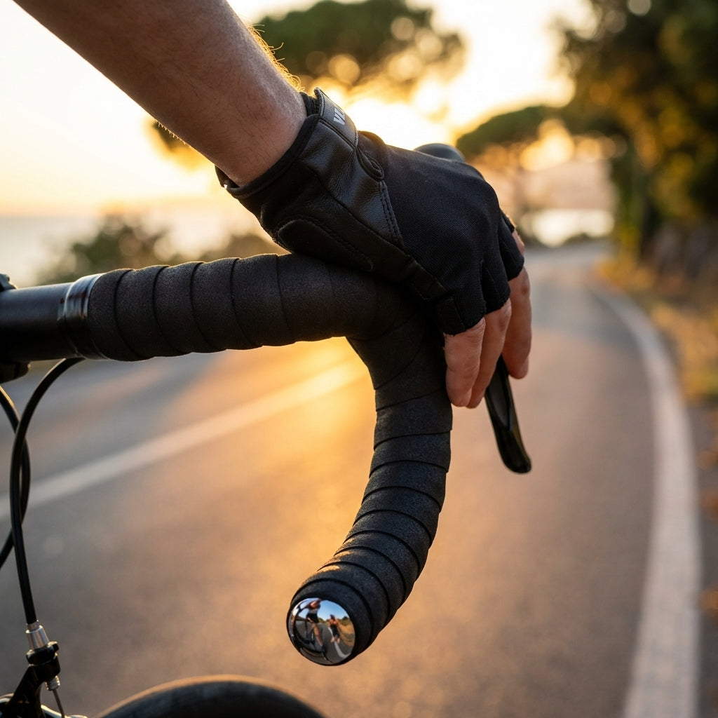 Velox Lenkerband MAXI CORK COMFORT EVA schwarz mit Stopfen am Rennradlenker bei Sonnenuntergang.