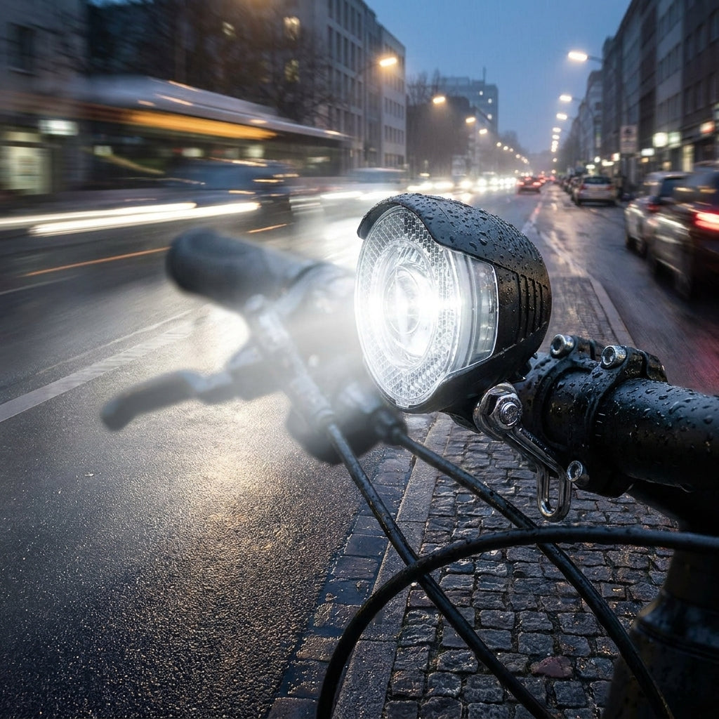 Busch+Müller Lumotec Lyt N LED-Scheinwerfer am Fahrradlenker leuchtet auf nasser Straße bei Nacht, StVZO zugelassen.