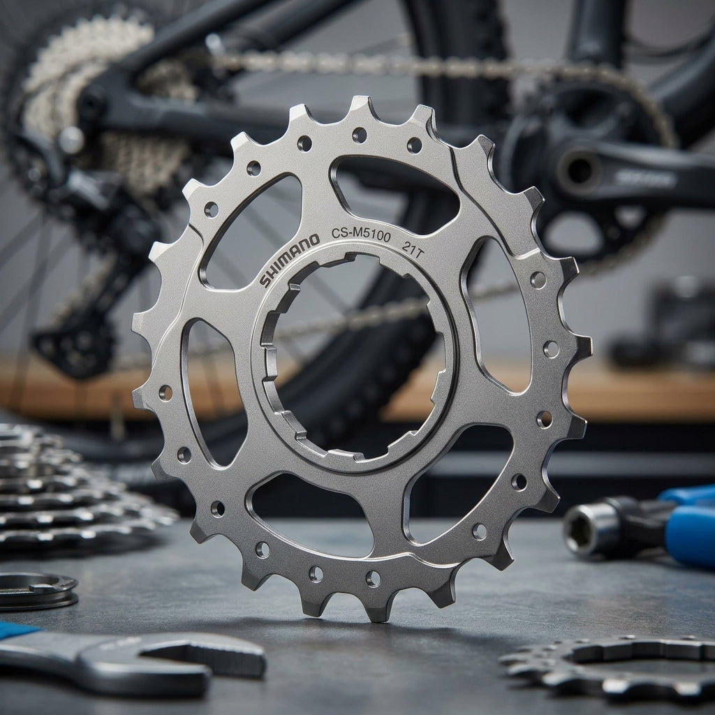 SHIMANO Ritzel für CS-M5100 - 21 Zähne, silber, detailreich auf Werkbank vor Mountainbike.