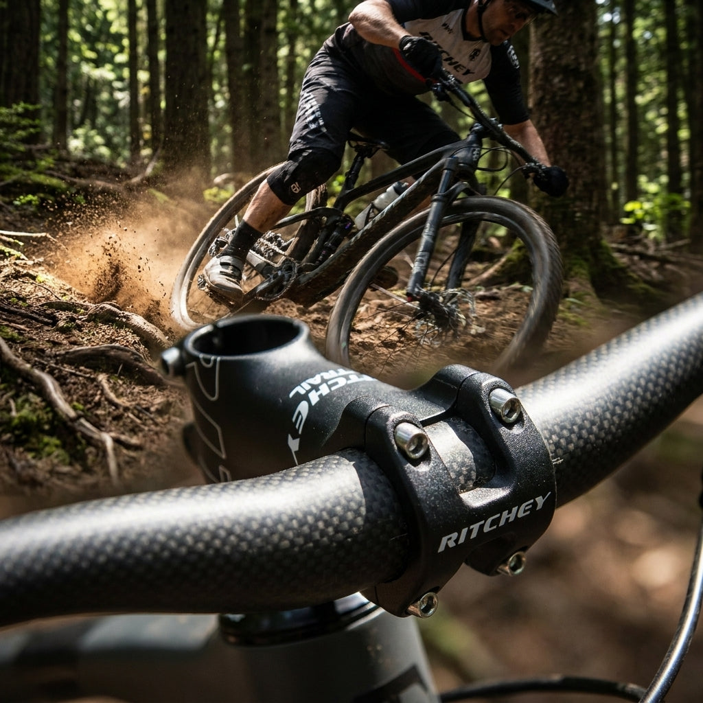 Ritchey WCS Trail Vorbau und Carbon-Lenker am Mountainbike auf staubigem Trail.