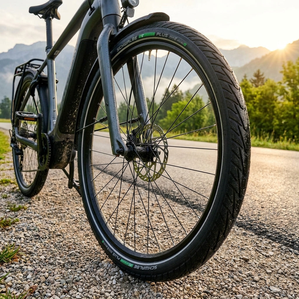 Schwalbe Energizer Plus E-Bike Reifen 26x1.75 ADDIX E GreenGuard Performance Line am Fahrrad bei Sonnenuntergang.