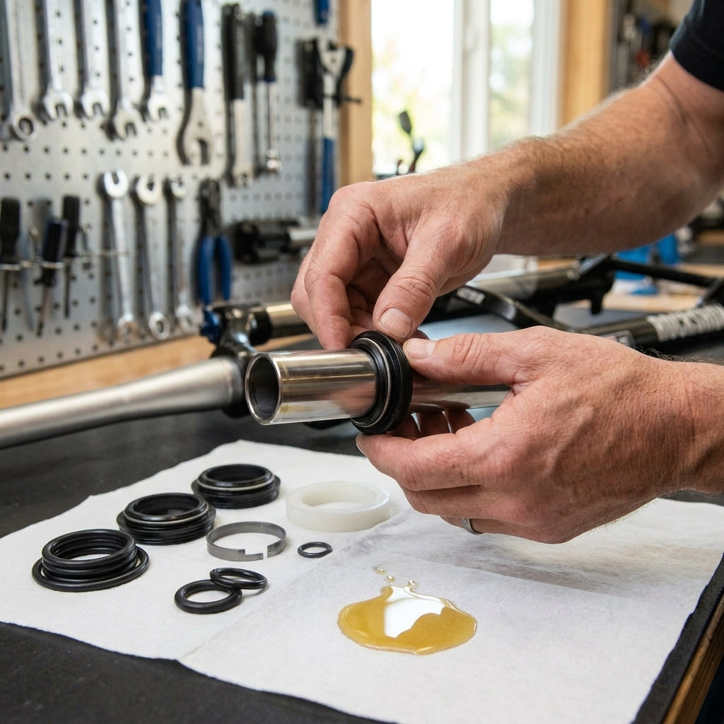 Rockshox Federgabel Service-Kit XC32: Hände montieren Dichtungen an Gabelrohr, Öl und Ersatzteile liegen bereit.