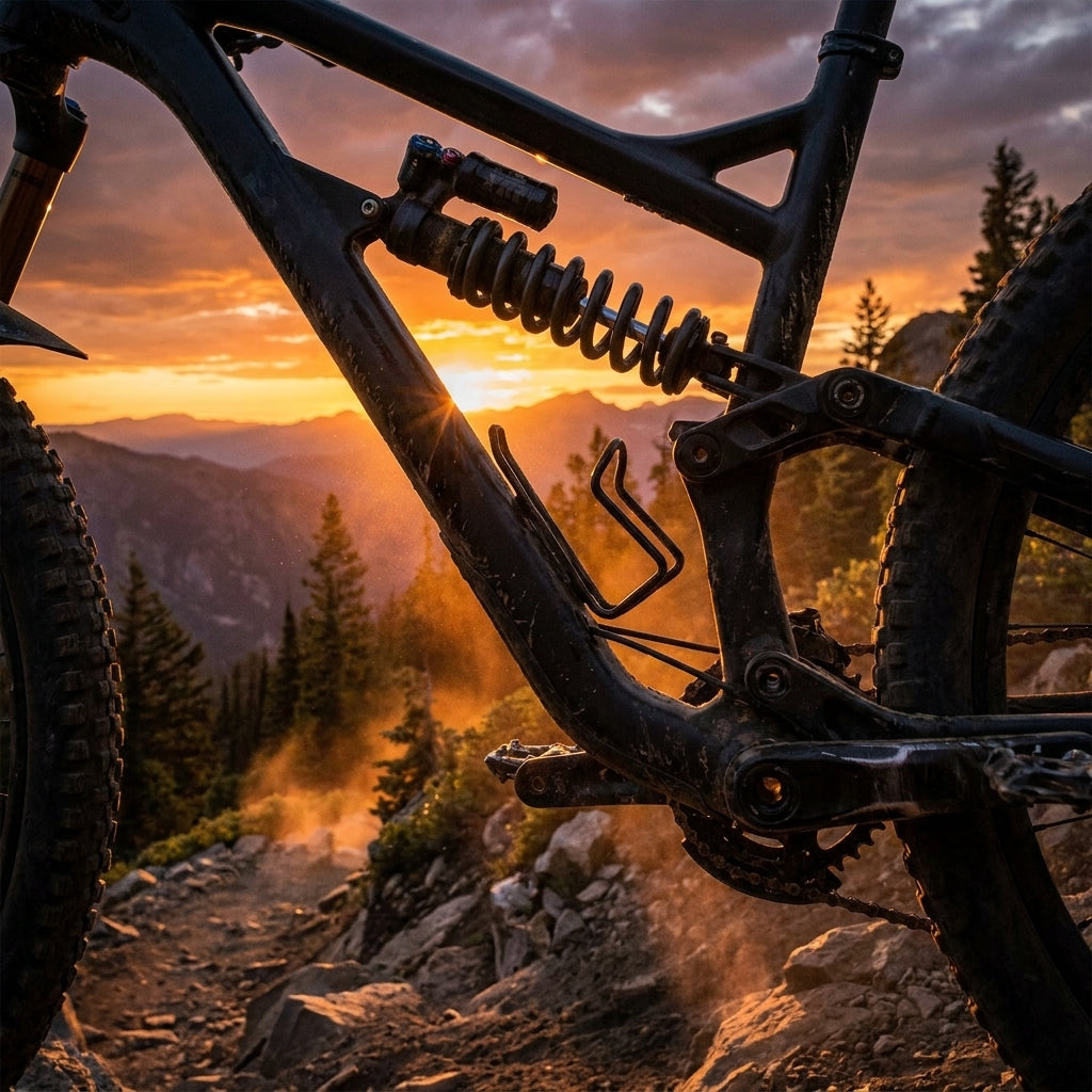 Mountainbike mit Rockshox Feder für HR Dämpfer (350LB) im Sonnenuntergang auf staubigem Bergpfad.