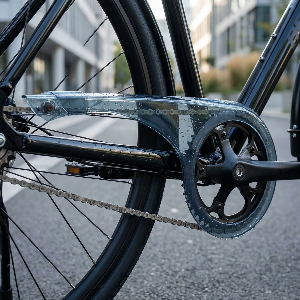 Hebie Kettenschutz rauchblau transparent am Fahrrad. Verstellbarer Schutz für Kette und Kleidung, einfache Montage.