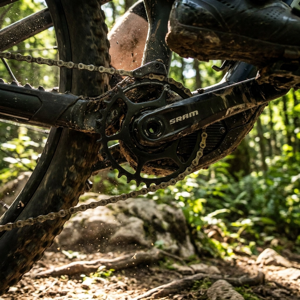 Schlammiges schwarzes SRAM X-Sync E-MTB 2 Eagle 34T Kettenblatt an einem Mountainbike auf Waldweg.