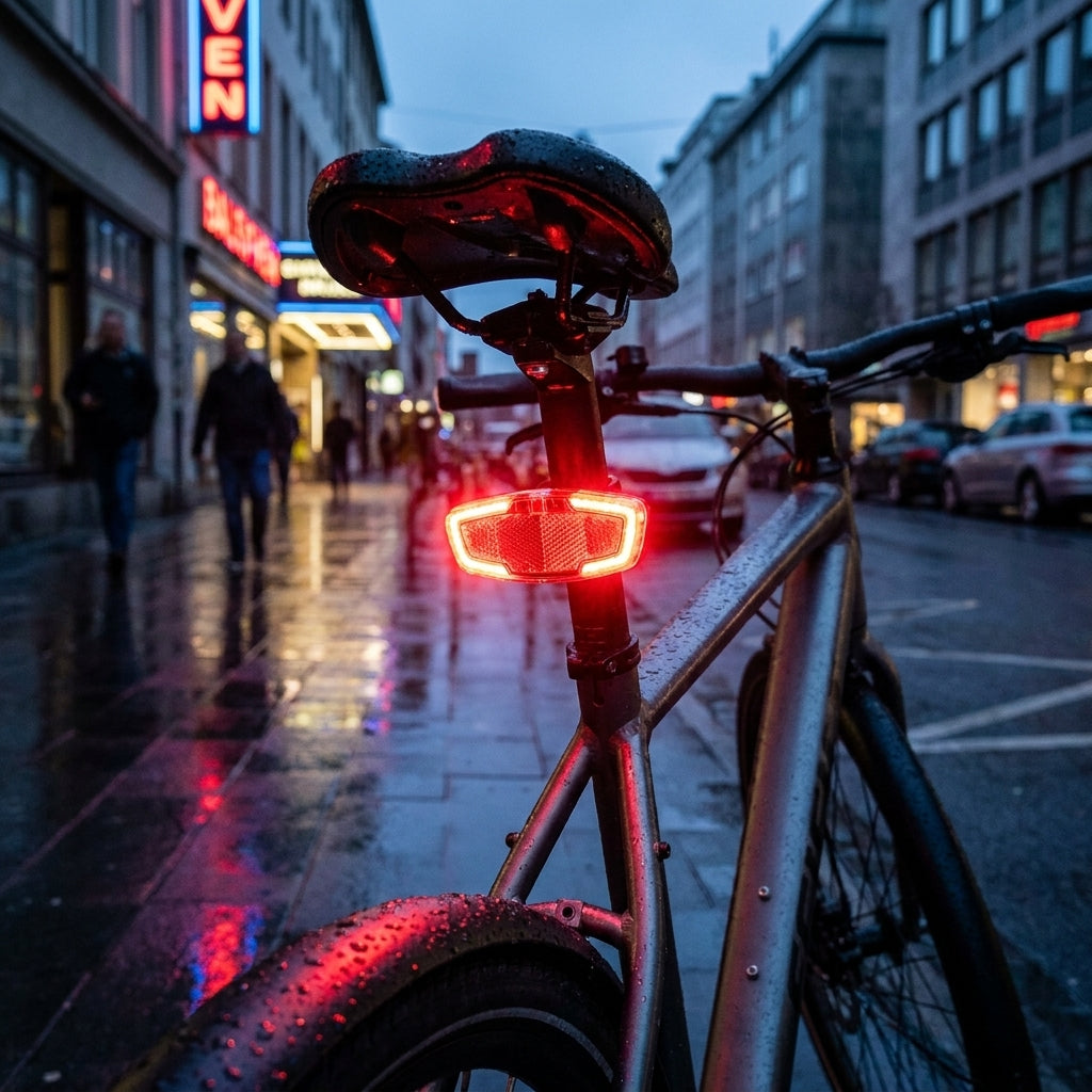 Büchel LED-Rücklicht Wing mit Standlicht leuchtet am Fahrrad auf nasser Stadtstraße bei Dämmerung.