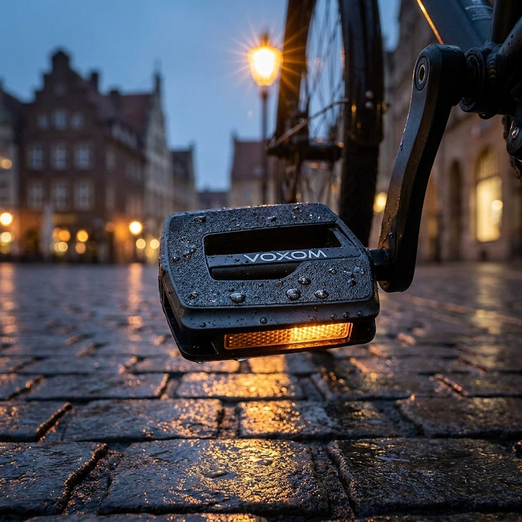 Voxom Pedal Touring Pe2 schwarz auf nassem Pflasterstein, mit leuchtendem Reflektor und Stadtlichtern.