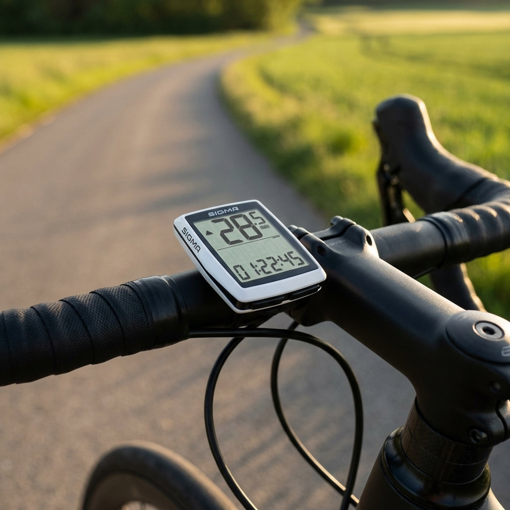 Sigma BC 12.0 WR Fahrradcomputer Schwarz/Weiß am Lenker zeigt Trainingsstatistik: 28,5 km/h auf Radweg.