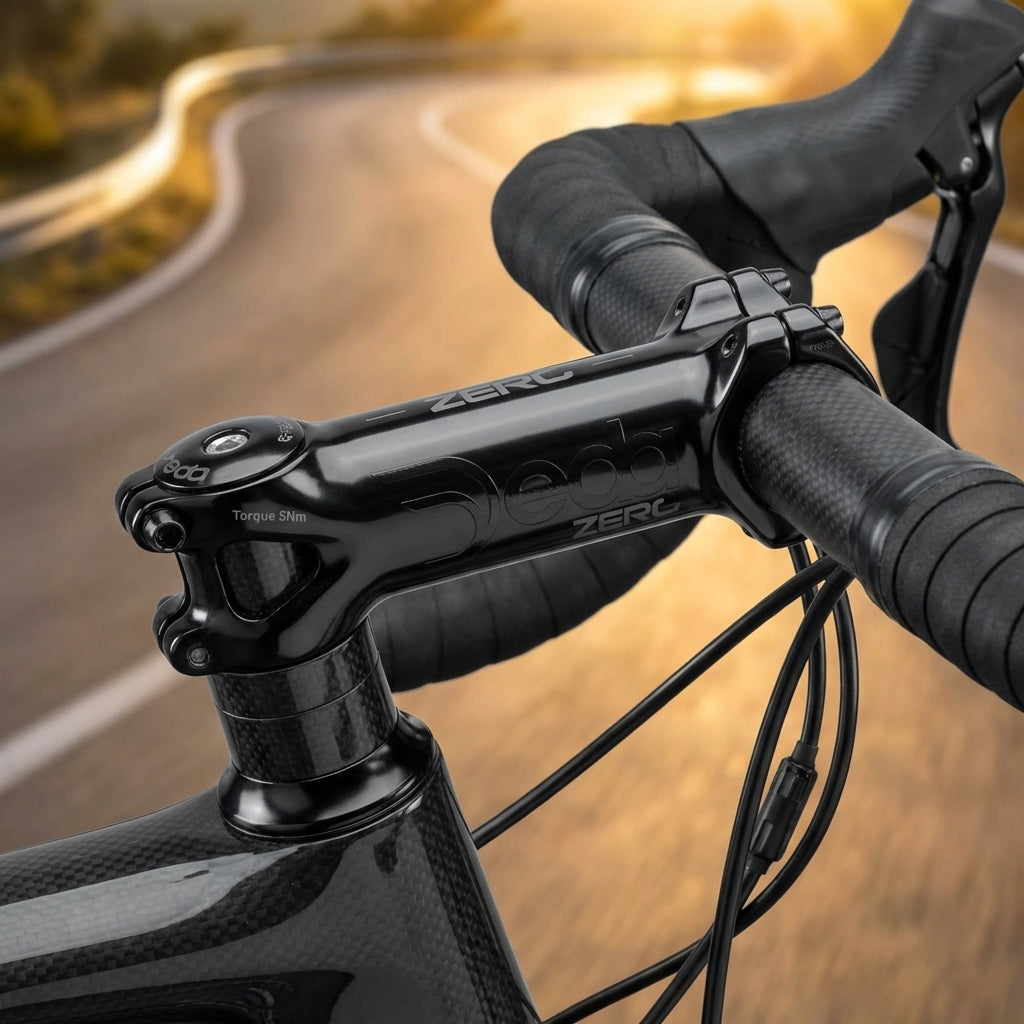 Deda Zero2 OS 80 mm Vorbau schwarz glänzend am Rennrad-Lenker auf Carbonrahmen, kurvige Straße im Hintergrund.