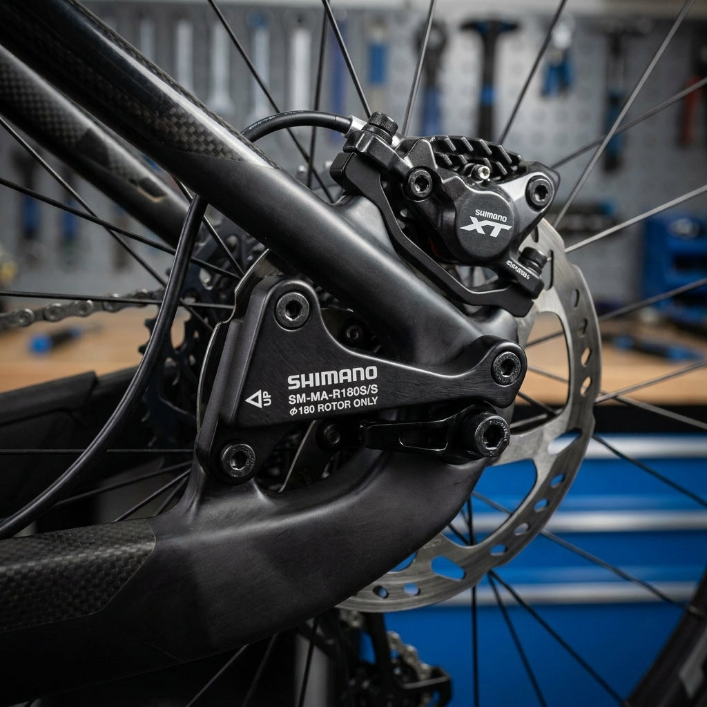 Shimano Scheibenbremsadapter SM-MA-R180S/S hinten für 180mm Bremsscheibe am Fahrrad, montiert mit XT Bremse.