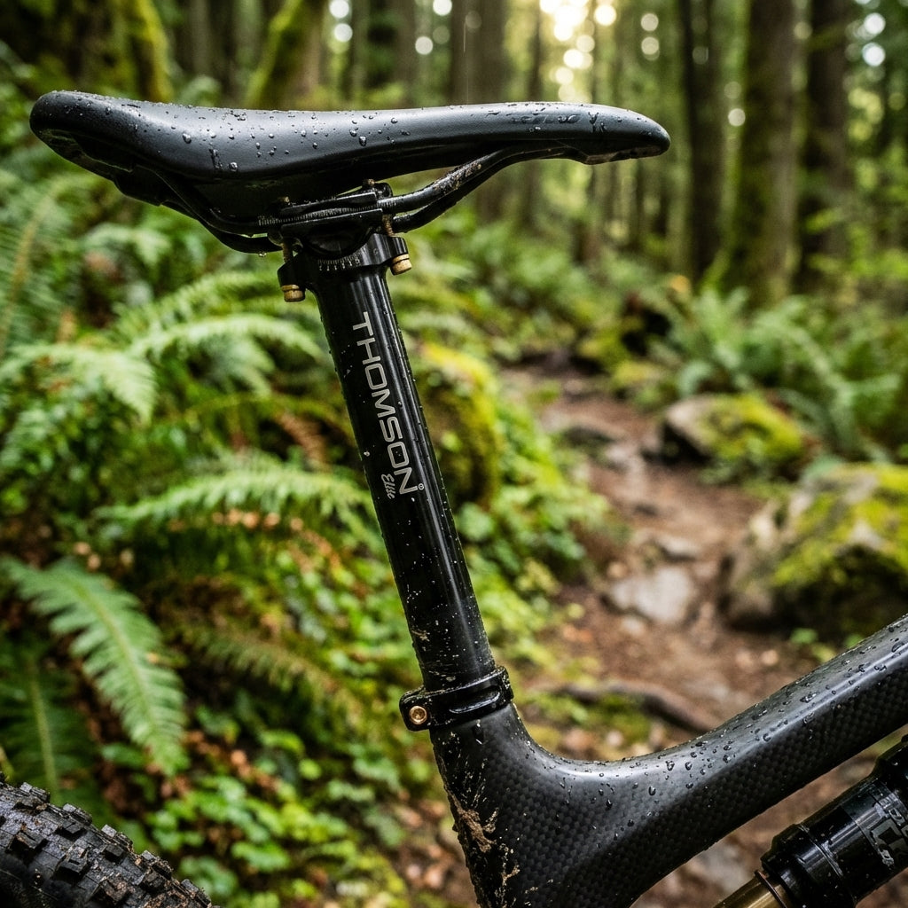 Thomson Patentsattelstütze Elite schwarz Ø 25,4mm L330mm am nassen Mountainbike im Wald.