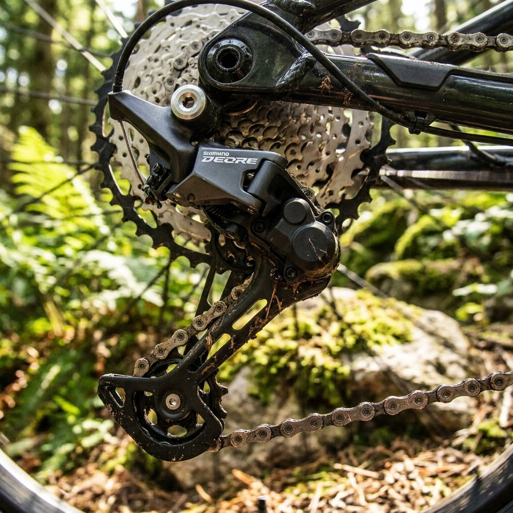 SHIMANO DEORE RD-M5100 11-fach MTB Schaltwerk im Einsatz, leicht verschmutzt, am Mountainbike im Wald.