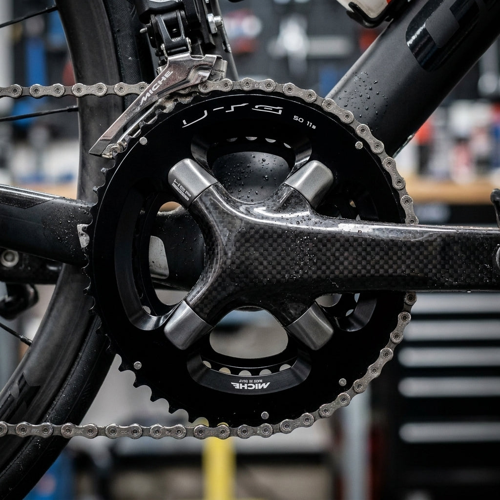 Miche Super11 UTG 52Z Kettenblatt für Shimano Ultegra 6800. Carbon-Kurbelgarnitur und Kette am Rennrad.