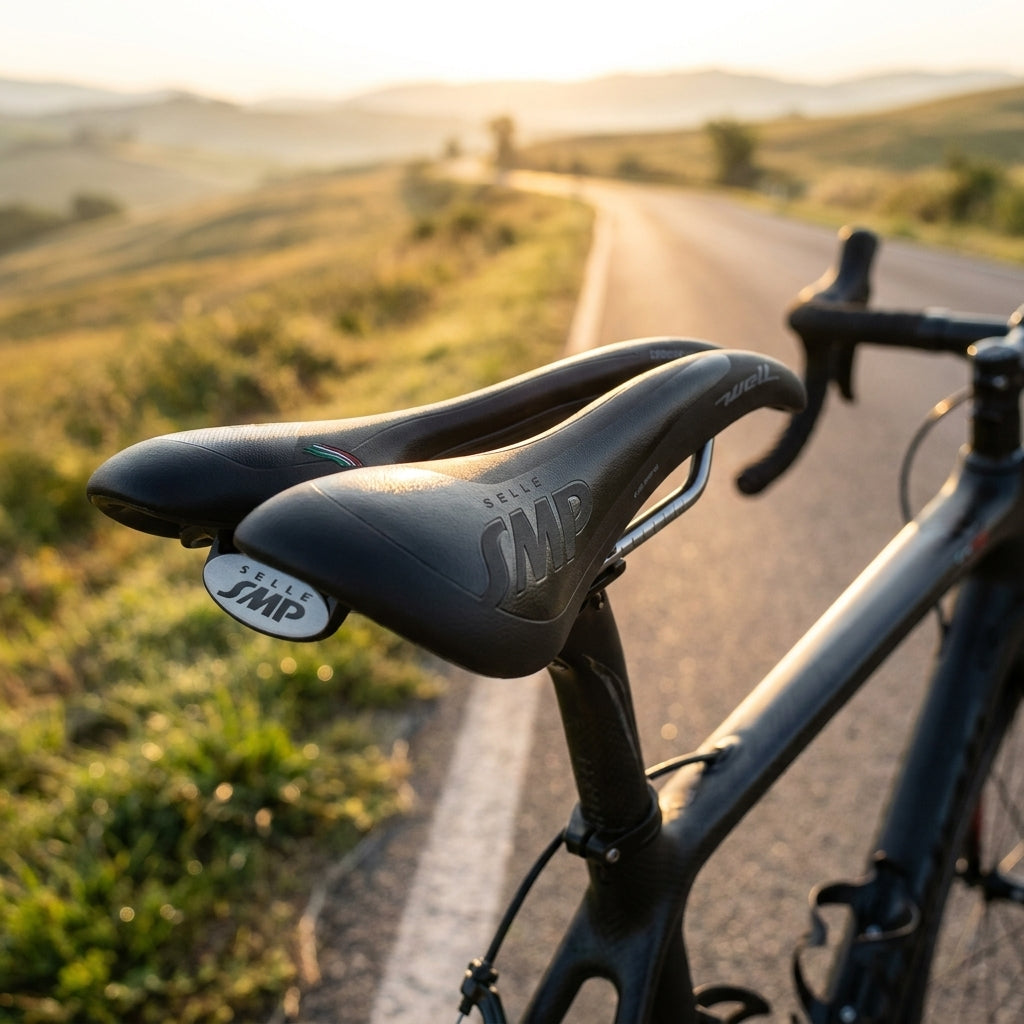 Selle SMP Sattel Well Gel schwarz am Fahrrad, mit sonniger Hügellandschaft im Hintergrund.