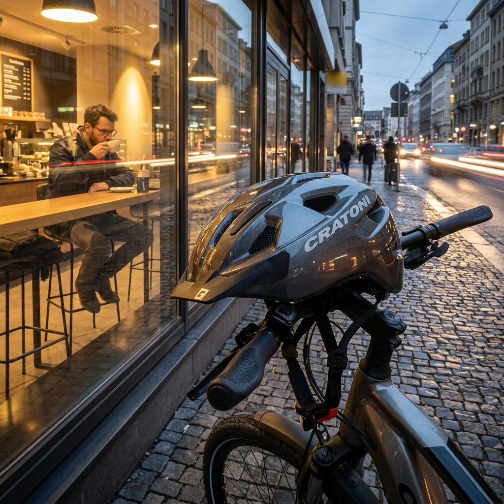 Cratoni Helm C-Swift City anthrazit glänzend auf Fahrrad in Stadt. Unisize 53 bis 59cm.