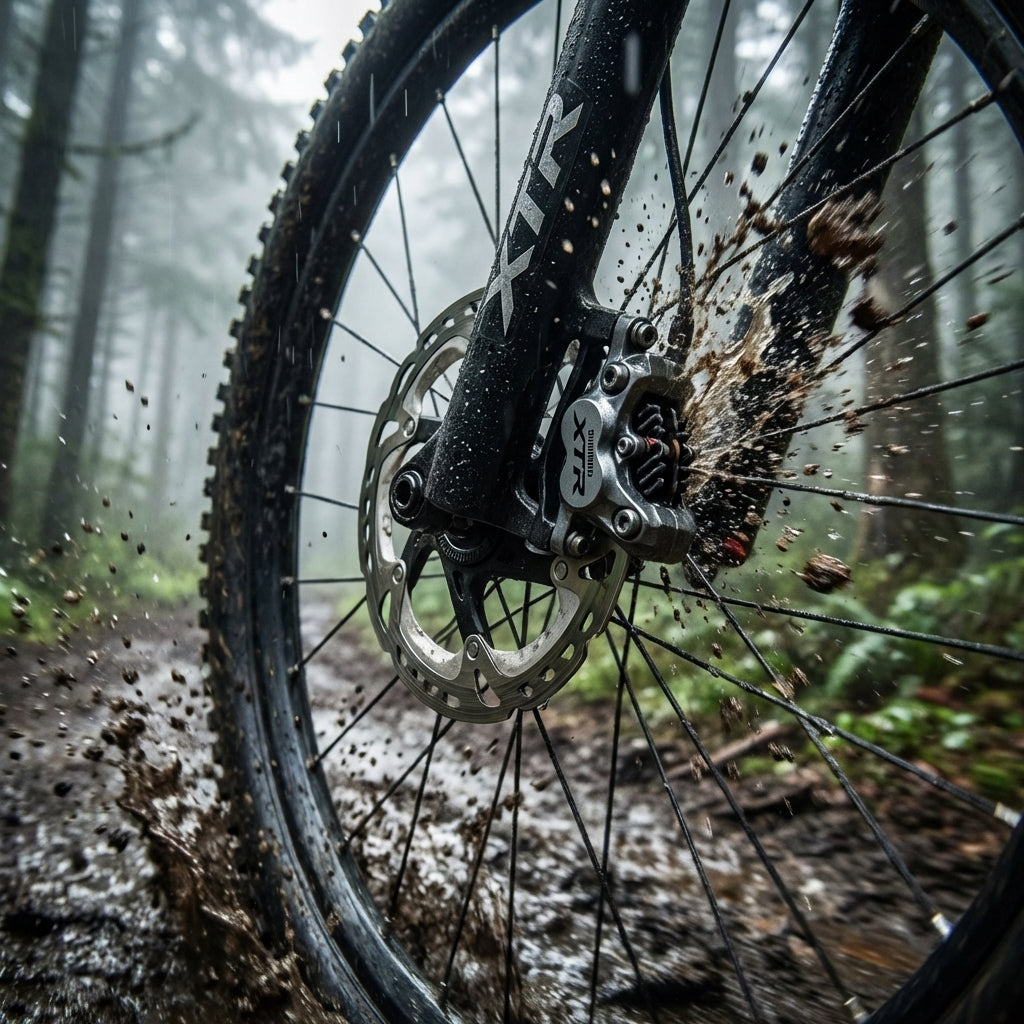 Mountainbike-Vorderrad spritzt Schlamm im Wald mit einer Shimano XTR Scheibenbremse.