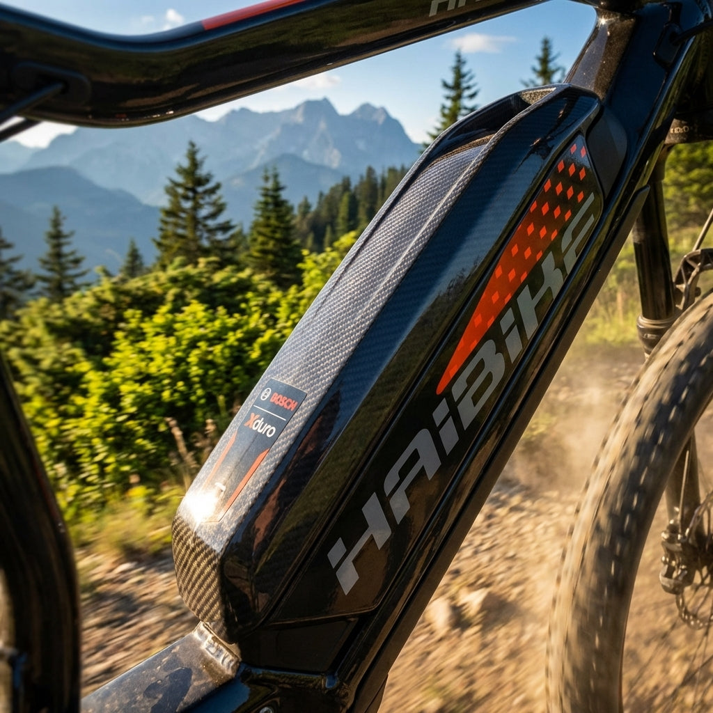 Orange-rotes BOSCH Xduro Dekor auf dem Carbon-Batteriegehäuse eines Haibike E-Bikes.