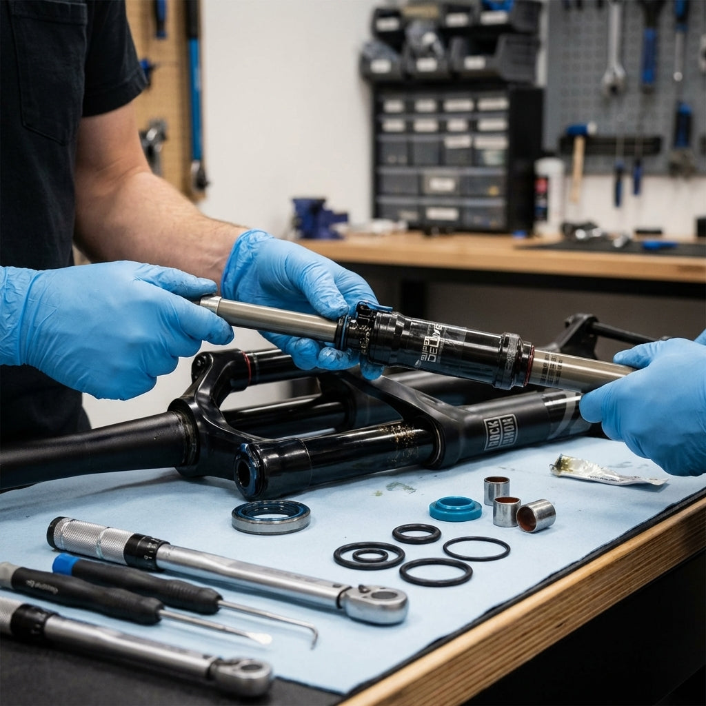 Service-Kit für RockShox Super Deluxe C: Wartung einer Federung mit Werkzeugen in der Fahrradwerkstatt.