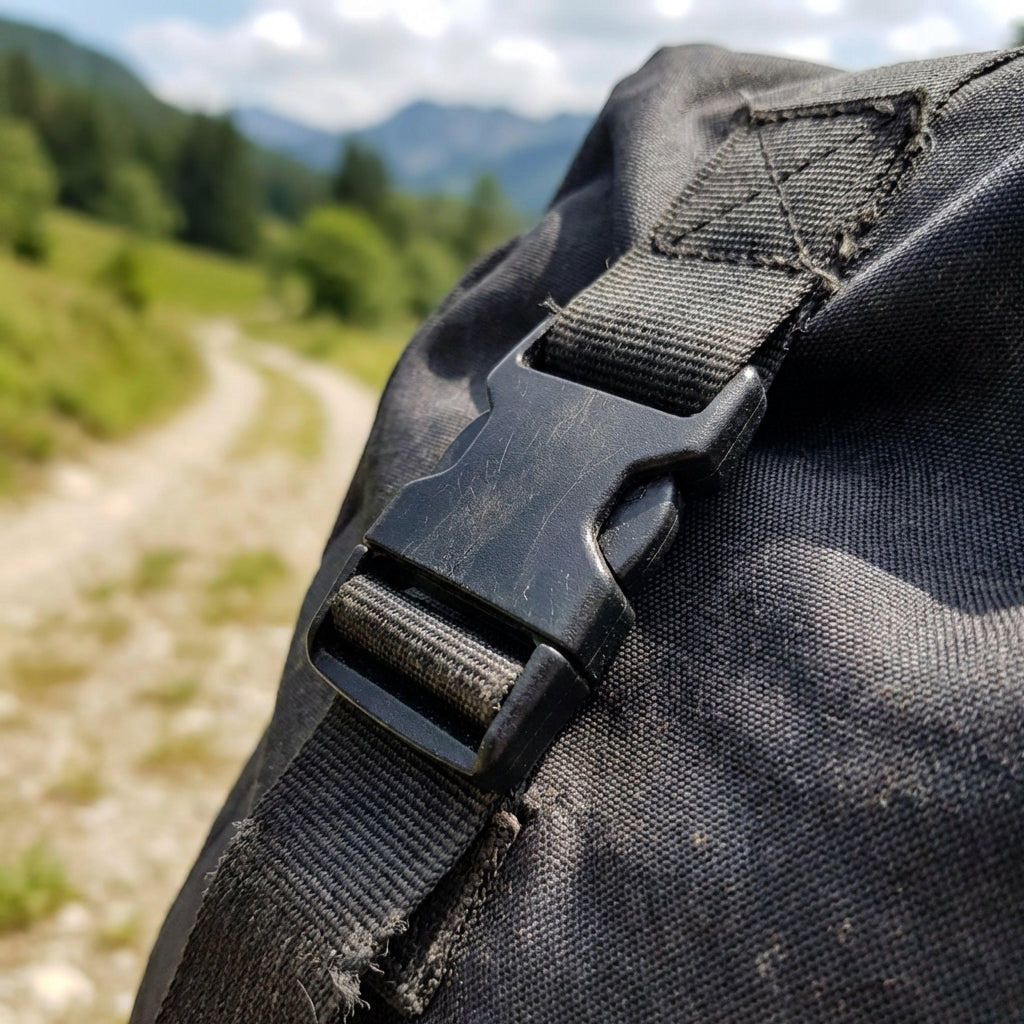 Nahaufnahme XLC Schnallenset BA-X29 38mm schwarz, zweiteilig, an Fahrradtasche auf Bergtour.
