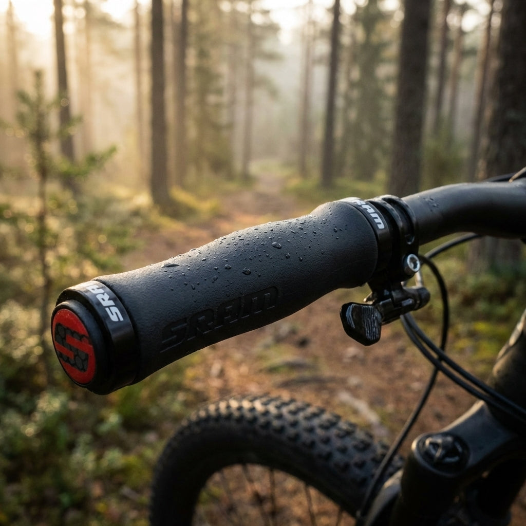 SRAM Lockring Griffe Contour, schwarz, mit Tautropfen auf Mountainbike-Lenker im nebligen Wald.