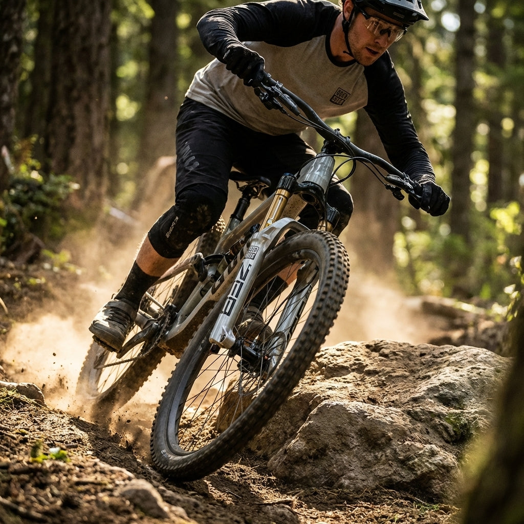 Mountainbiker mit ZEB A1+ Federgabel fährt auf Trail. Air Spring Upgrade Kit RS DebonAir+ Butter Cup 190mm.