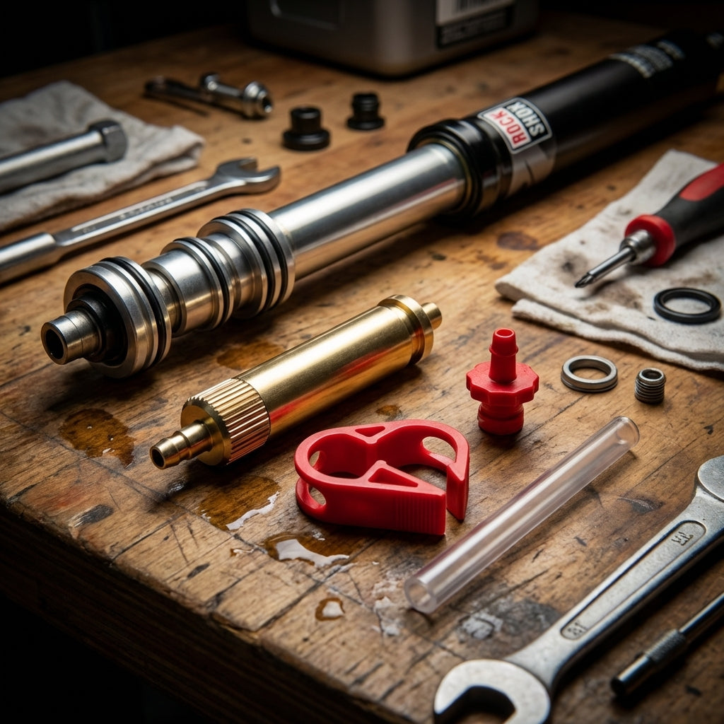 Rockshox Reverb Servicewerkzeug unten 00.6815.066.020 auf Holztisch mit Einzelteilen und Werkzeugen für Fahrradwartung.