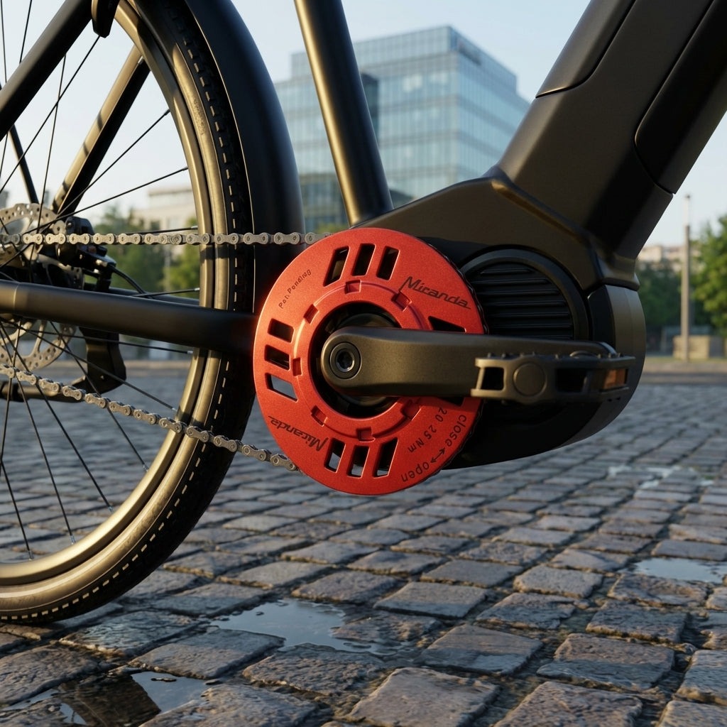 Roter Miranda Kettenschutz für E-Bikes BDU2XX schützt Kleidung und Kettenblatt wiegt nur 75 Gramm.