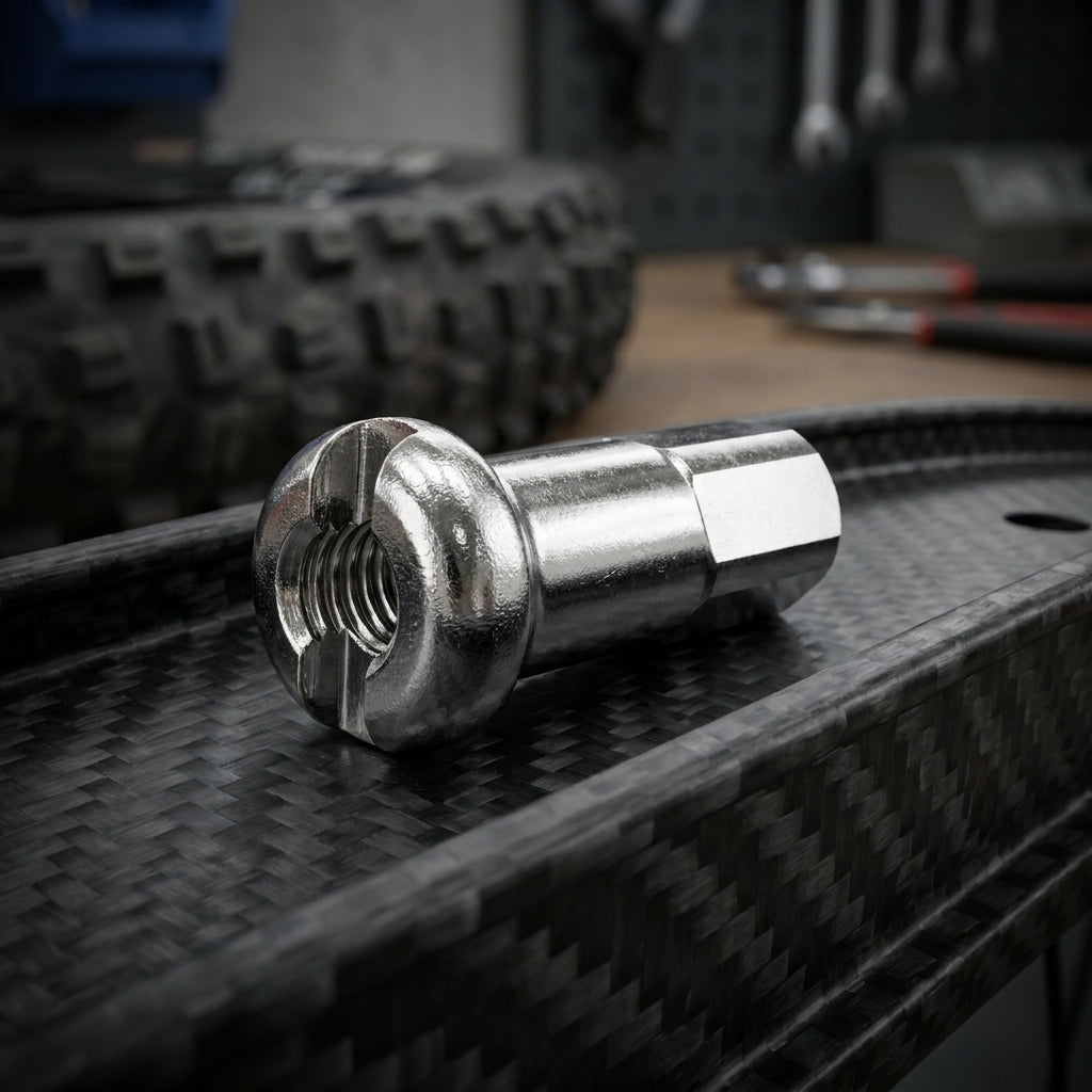 DT Swiss Pro Head Messing-Speichennippel silber auf Carbonfelge für E-Bike-Laufräder.