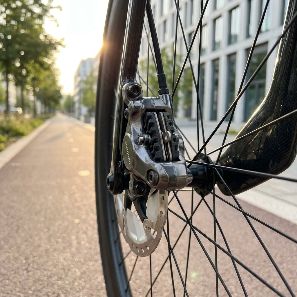 SHIMANO Scheibenbremsbelag K05TI-RX in Fahrrad-Scheibenbremse, Vorderrad-Detail auf Radweg.