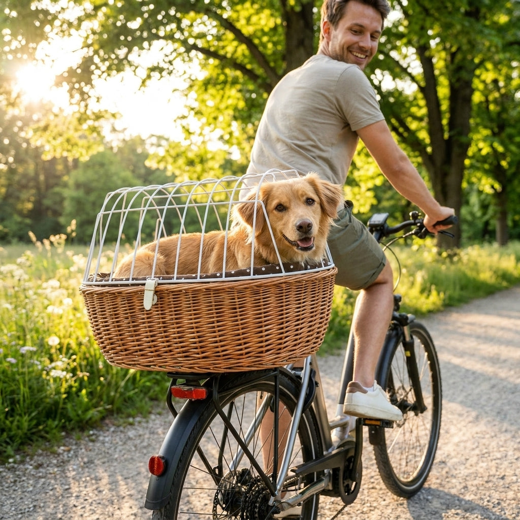 Aumüller Tierfahrradkorb Weide Racktime XL für Hunde. Natürlicher Korb mit Sicherheitskuppel und Polsterkissen für sichere Radtouren.