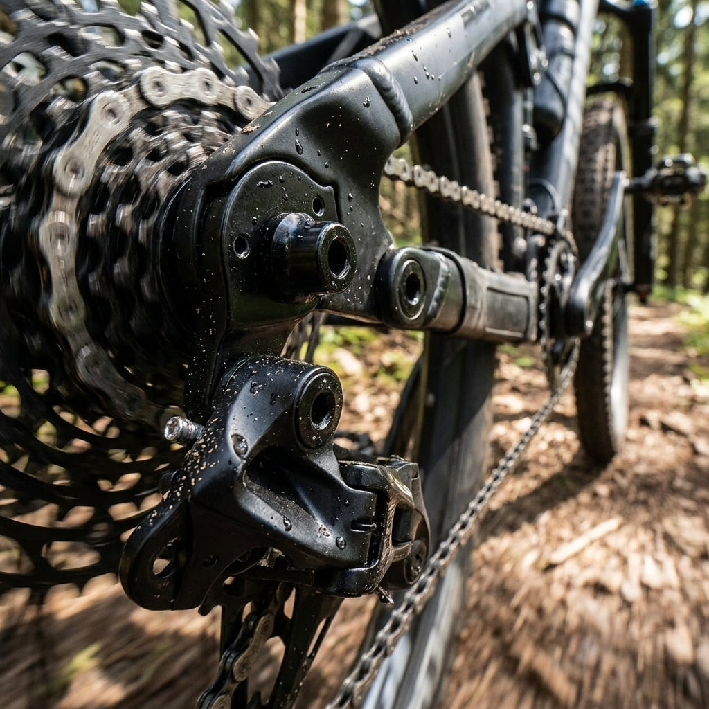 XLC Schaltauge DO-A96 für Freed 7.10 am dreckigen Mountainbike-Hinterrad mit Kassette auf Waldtrail.
